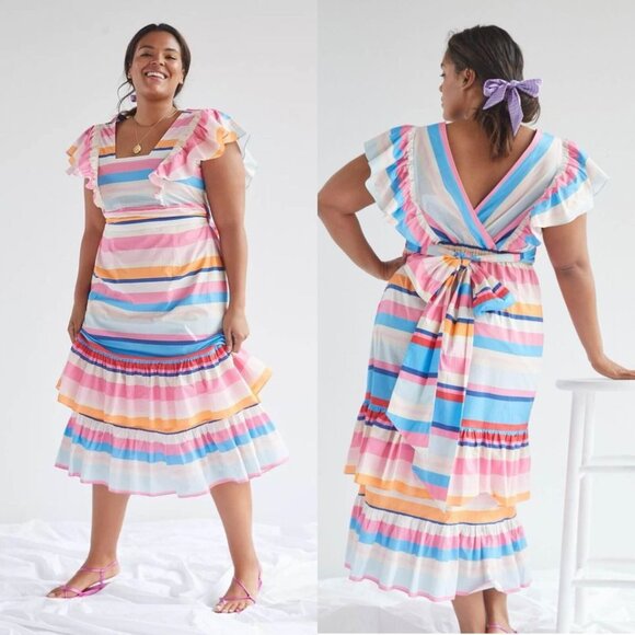 Plenty by Tracy Reece Anthro Ruffled‎ Striped Belted Midi Dress Sz 3X - Picture 1 of 6
